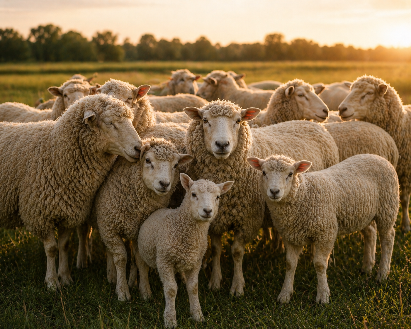 Flock of sheep together in a meadow