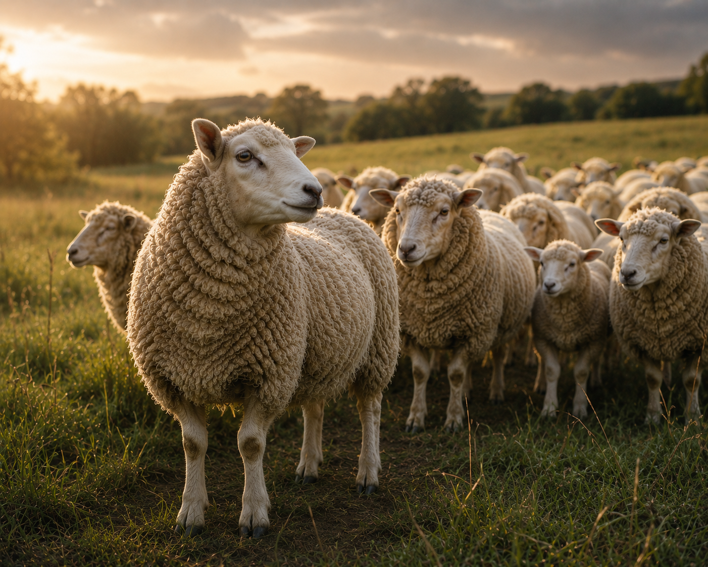 Older sheep at the front of a flock